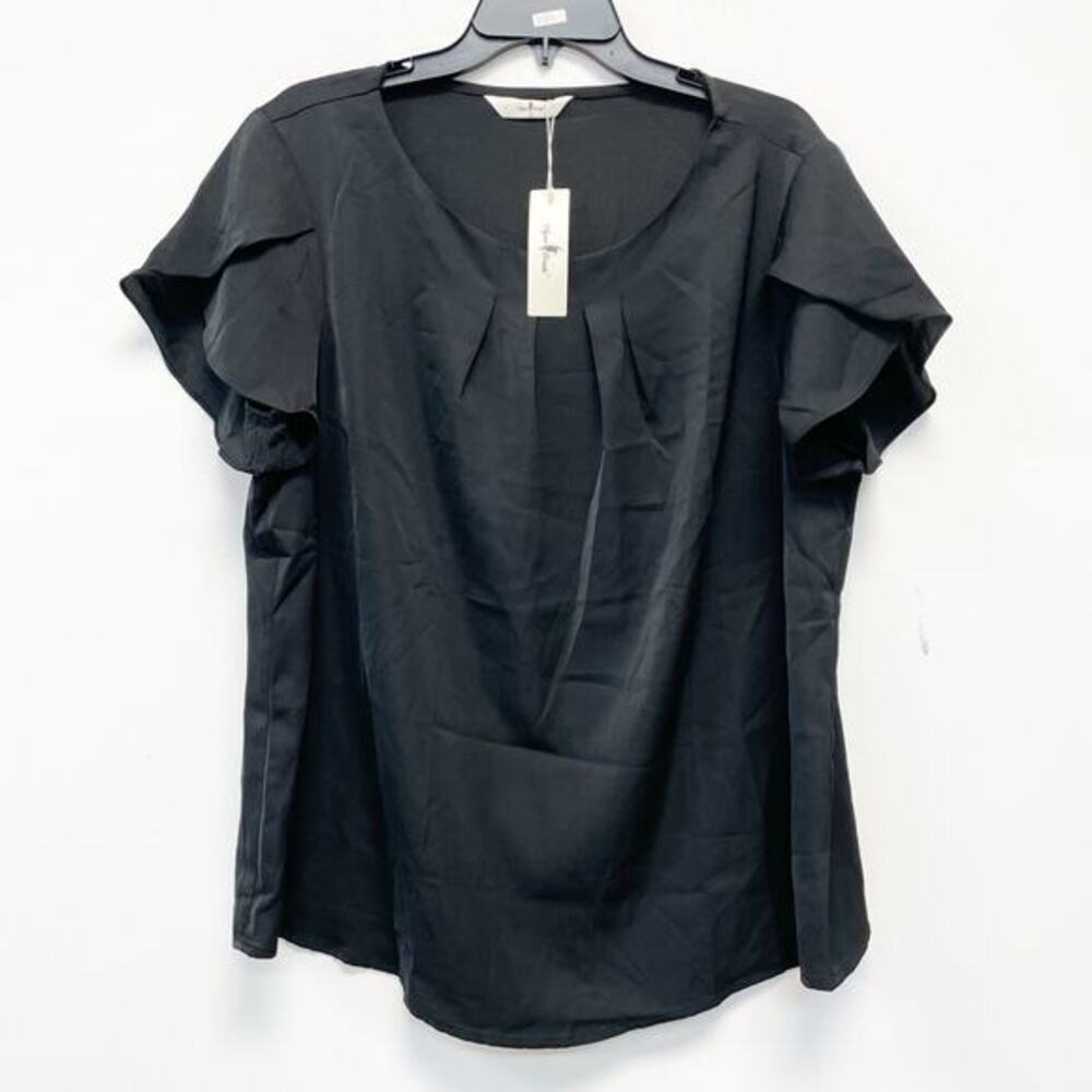 Agnes Orinda Women's Black Overlap Cap Sleeve Blouse Top Size 1X‎